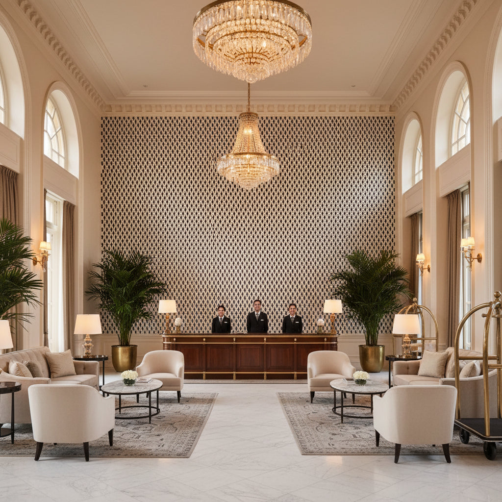 AKIO Fabrics (AF9818) – Black | Thibaut - Hotel Lobby Visualization (AI-generated, may not be to scale. Verify pattern scale with product specifications.)