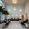 AKIO Fabrics (AF9819) – Robin's Egg Robin's Egg | Thibaut - Hotel Lobby Visualization (AI-generated, may not be to scale. Verify pattern scale with product specifications.)