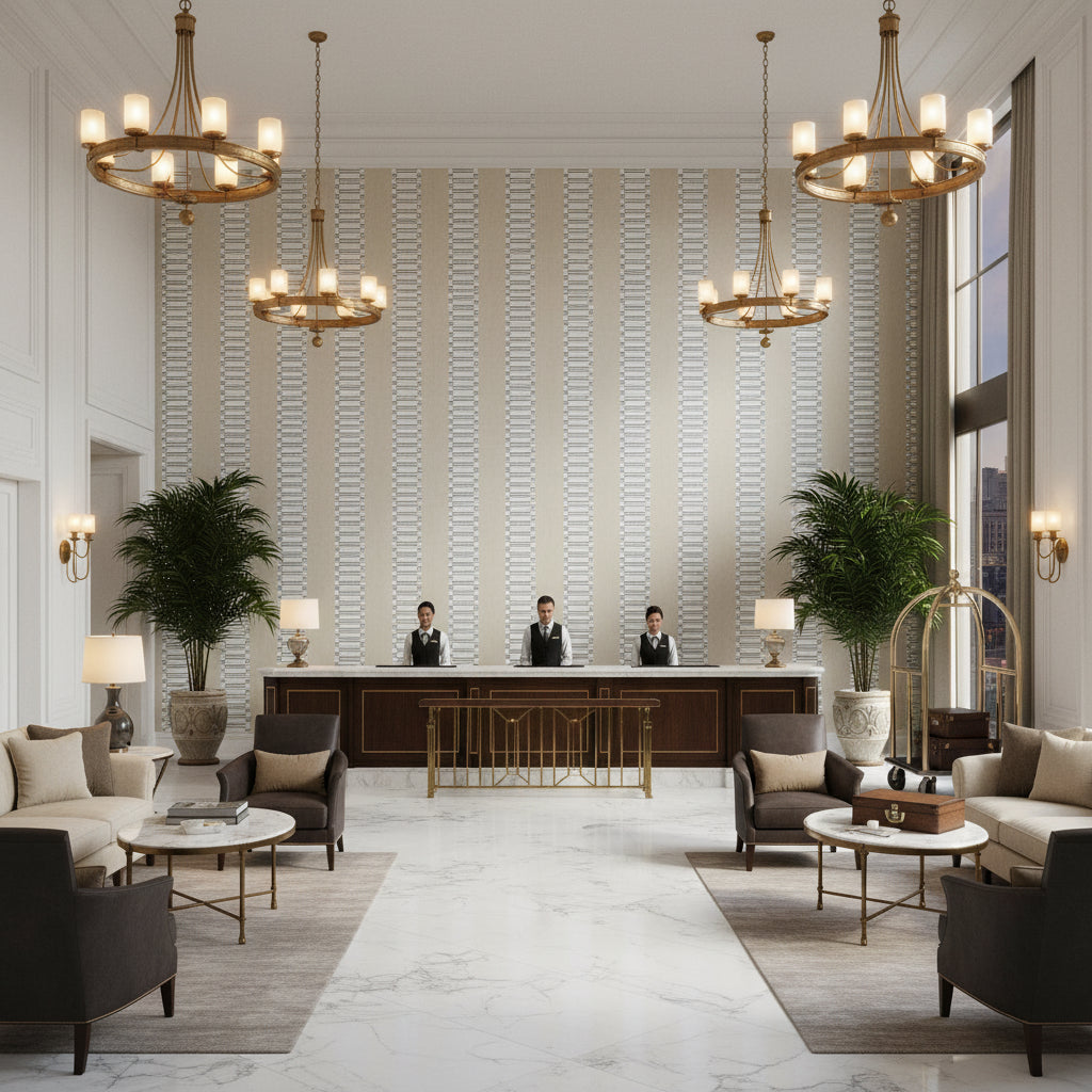 JAPONIC STRIPE Fabrics (AF9820) – Grey | Thibaut - Hotel Lobby Visualization (AI-generated, may not be to scale. Verify pattern scale with product specifications.)