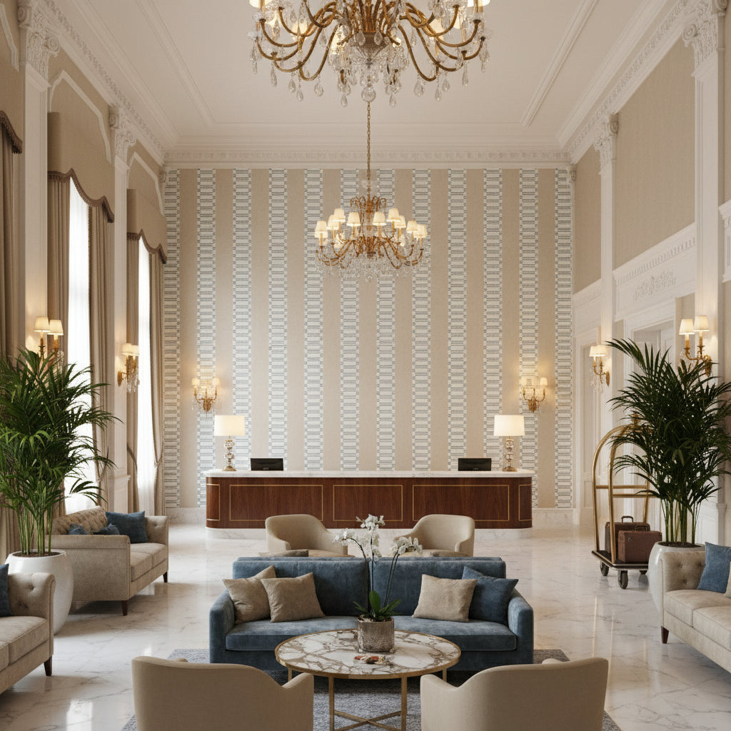 JAPONIC STRIPE Fabrics (AF9821) – Robin's Egg Robin's Egg | Thibaut - Hotel Lobby Visualization (AI-generated, may not be to scale. Verify pattern scale with product specifications.)