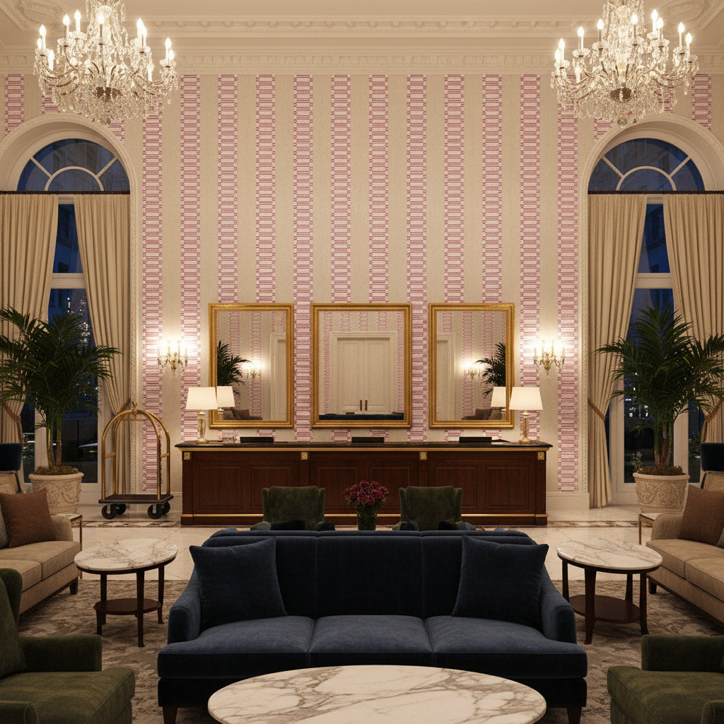 JAPONIC STRIPE Fabrics (AF9822) – Fuchsia | Thibaut - Hotel Lobby Visualization (AI-generated, may not be to scale. Verify pattern scale with product specifications.)