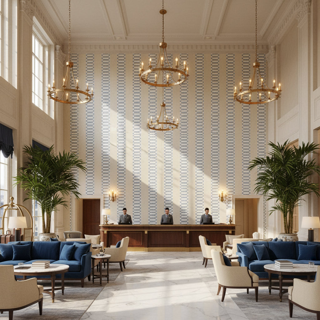 JAPONIC STRIPE Fabrics (AF9823) – Navy | Thibaut - Hotel Lobby Visualization (AI-generated, may not be to scale. Verify pattern scale with product specifications.)