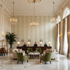 JAPONIC STRIPE Fabrics (AF9824) – Emerald Green | Thibaut - Hotel Lobby Visualization (AI-generated, may not be to scale. Verify pattern scale with product specifications.)