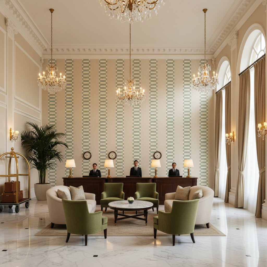 JAPONIC STRIPE Fabrics (AF9824) – Emerald Green | Thibaut - Hotel Lobby Visualization (AI-generated, may not be to scale. Verify pattern scale with product specifications.)