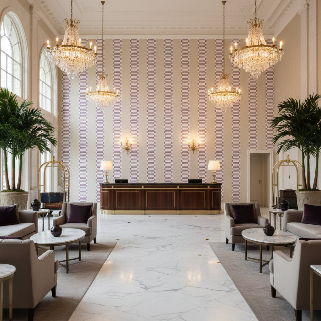 JAPONIC STRIPE Fabrics (AF9825) – Eggplant | Thibaut - Hotel Lobby Visualization (AI-generated, may not be to scale. Verify pattern scale with product specifications.)
