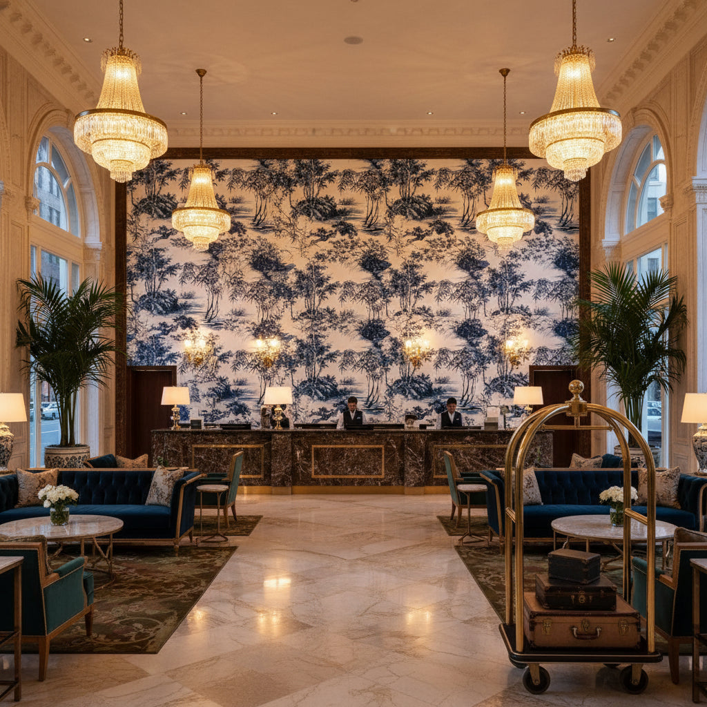 KYOTO Fabrics (AF9826) – Navy | Thibaut - Hotel Lobby Visualization (AI-generated, may not be to scale. Verify pattern scale with product specifications.)