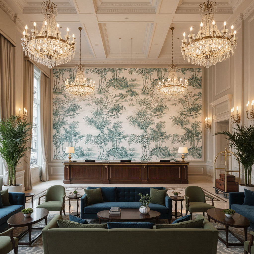 KYOTO Fabrics (AF9827) – Robin's Egg pale cyan | Thibaut - Hotel Lobby Visualization (AI-generated, may not be to scale. Verify pattern scale with product specifications.)