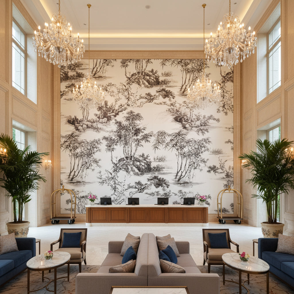 KYOTO Fabrics (AF9829) – Black | Thibaut - Hotel Lobby Visualization (AI-generated, may not be to scale. Verify pattern scale with product specifications.)