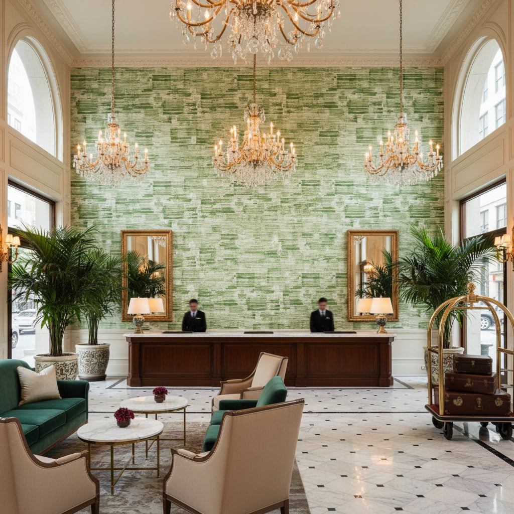 SHADOWS Fabrics (AF9834) – Emerald Green | Thibaut - Hotel Lobby Visualization (AI-generated, may not be to scale. Verify pattern scale with product specifications.)
