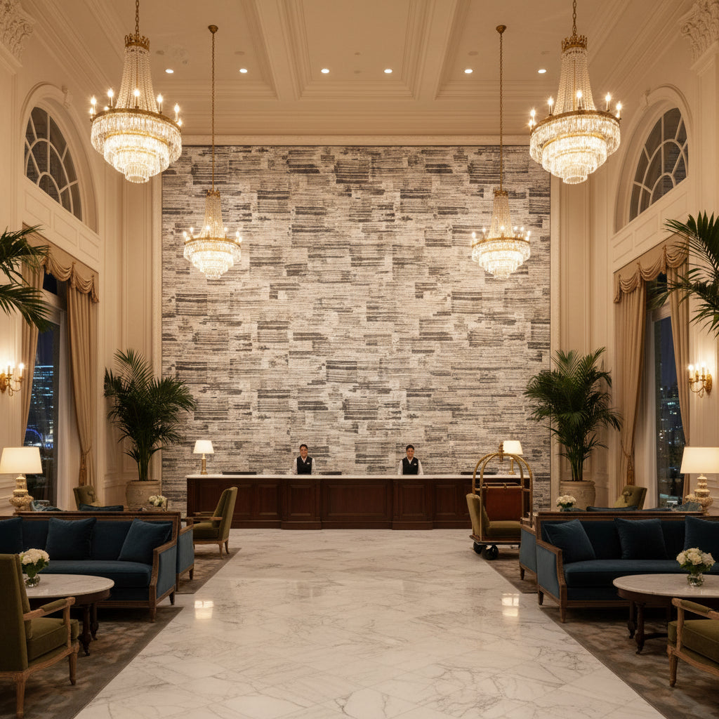 SHADOWS Fabrics (AF9835) – Black | Thibaut - Hotel Lobby Visualization (AI-generated, may not be to scale. Verify pattern scale with product specifications.)