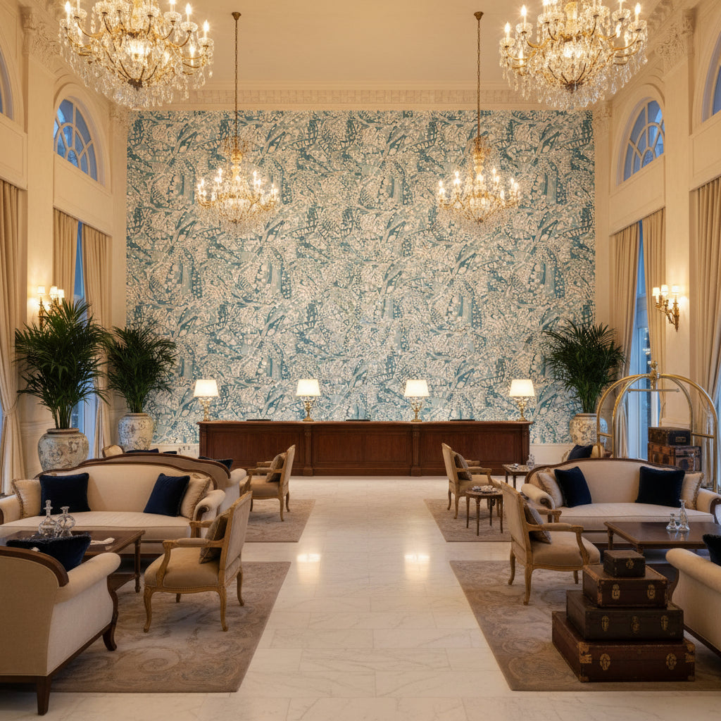 PUCCINI Fabrics (AF9860) – Robin's Egg Robin's Egg | Thibaut - Hotel Lobby Visualization (AI-generated, may not be to scale. Verify pattern scale with product specifications.)