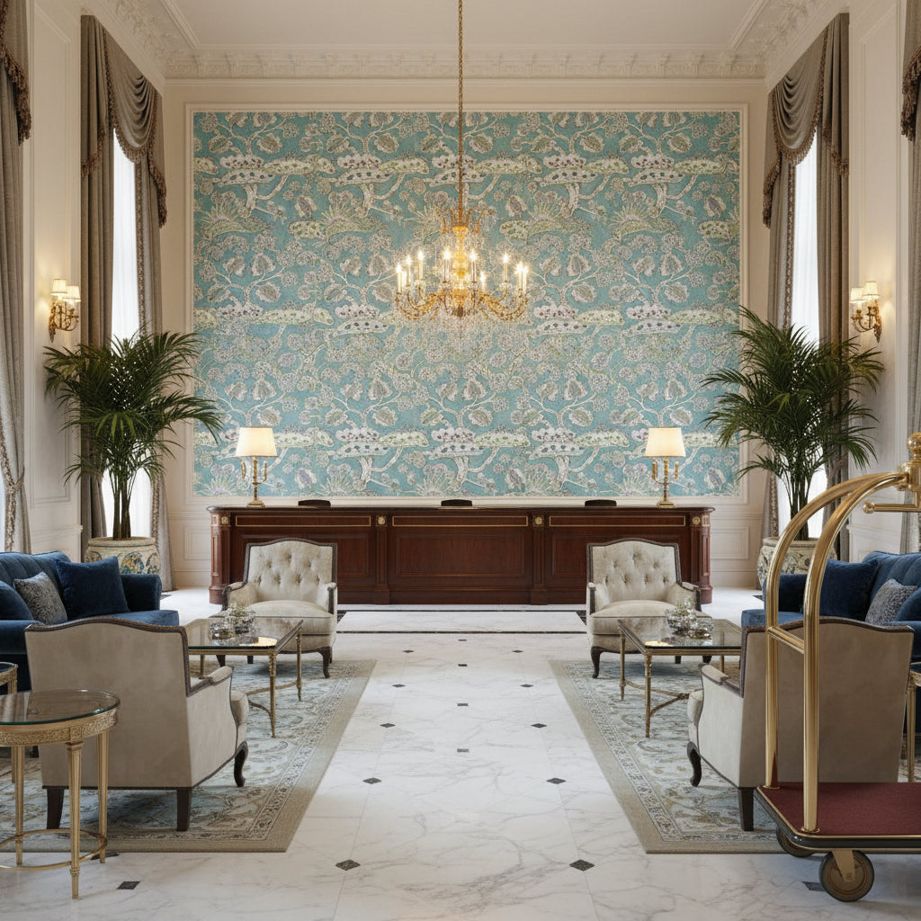 TREE HOUSE Fabrics (AF9863) – Robin's Egg Robin's Egg | Thibaut - Hotel Lobby Visualization (AI-generated, may not be to scale. Verify pattern scale with product specifications.)