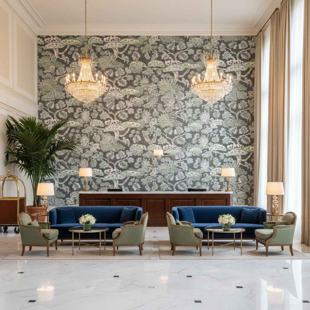 TREE HOUSE Fabrics (AF9864) – Grey | Thibaut - Hotel Lobby Visualization (AI-generated, may not be to scale. Verify pattern scale with product specifications.)