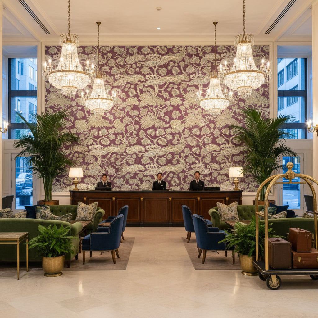 TREE HOUSE Fabrics (AF9865) – Eggplant | Thibaut - Hotel Lobby Visualization (AI-generated, may not be to scale. Verify pattern scale with product specifications.)