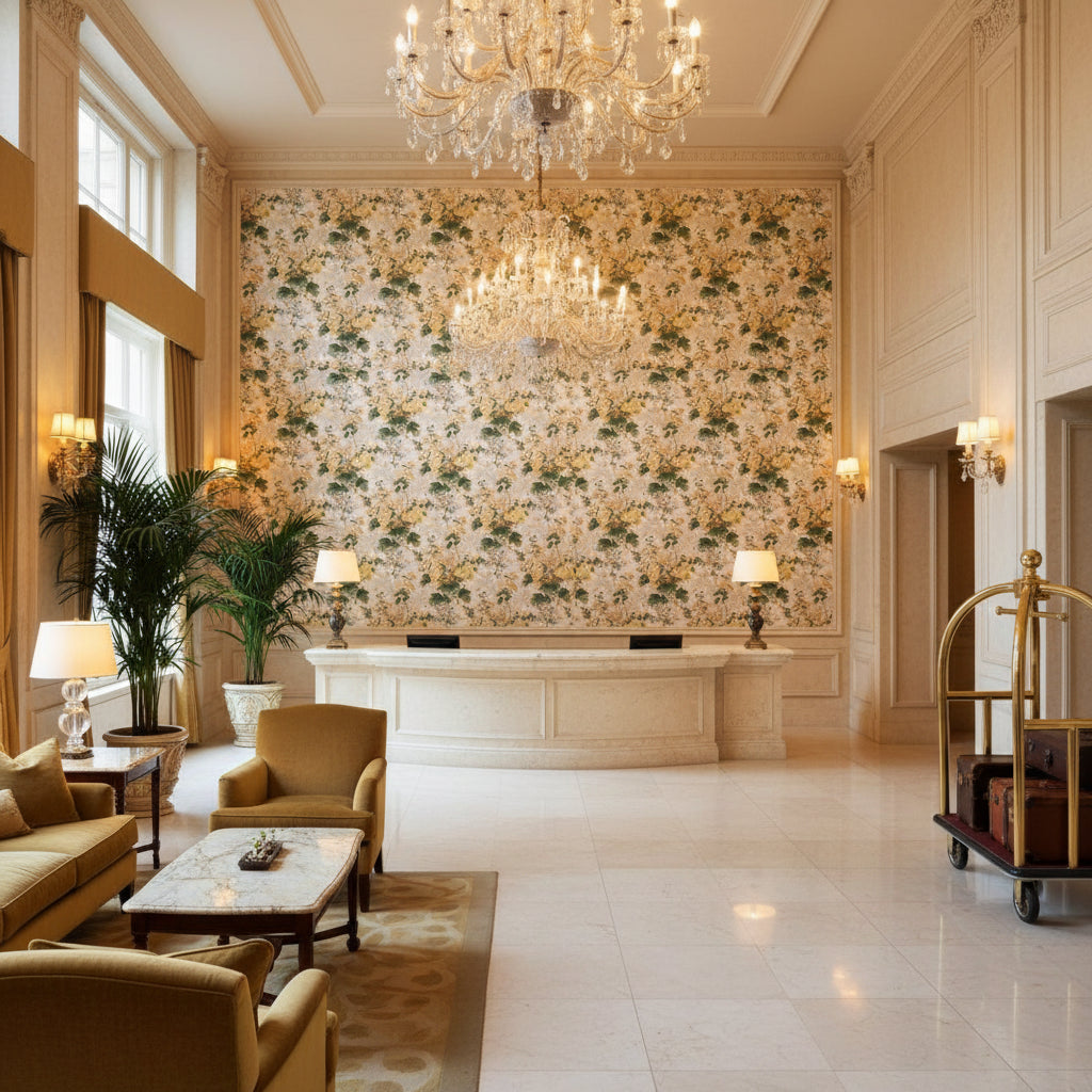 ALTHEA COTTON P.CITRON.0 | Kravet - Hotel Lobby Visualization (AI-generated, may not be to scale. Verify pattern scale with product specifications.)