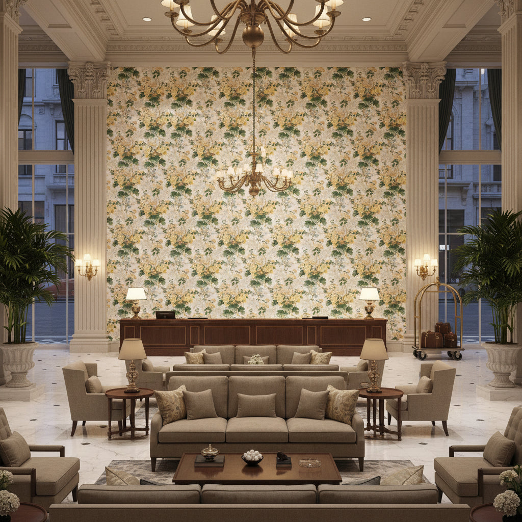 ALTHEA LINEN PR.CITRON.0 | Kravet - Hotel Lobby Visualization (AI-generated, may not be to scale. Verify pattern scale with product specifications.)