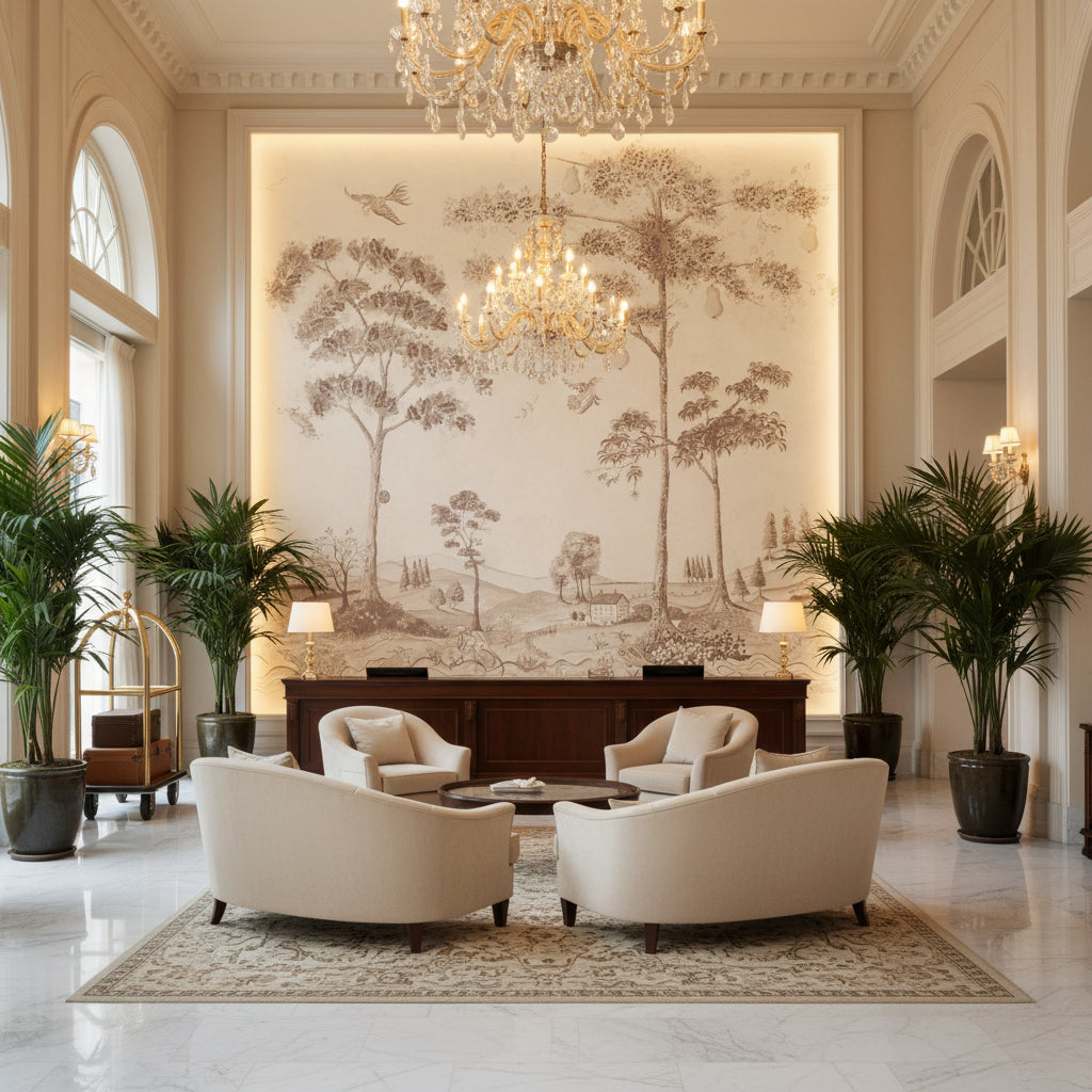 AMW10085.1101.0 | Kravet - Hotel Lobby Visualization (AI-generated, may not be to scale. Verify pattern scale with product specifications.)