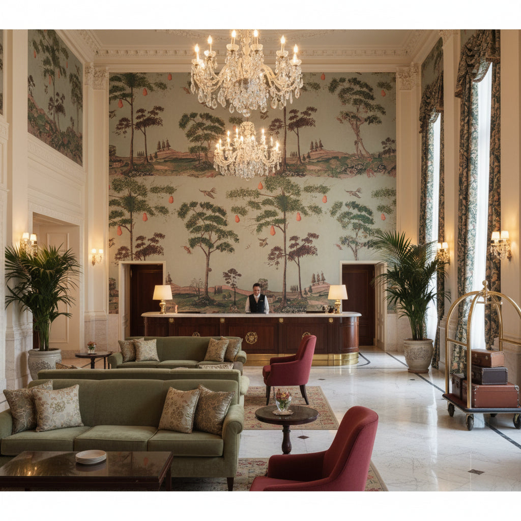AMW10085.15.0 | Kravet - Hotel Lobby Visualization (AI-generated, may not be to scale. Verify pattern scale with product specifications.)