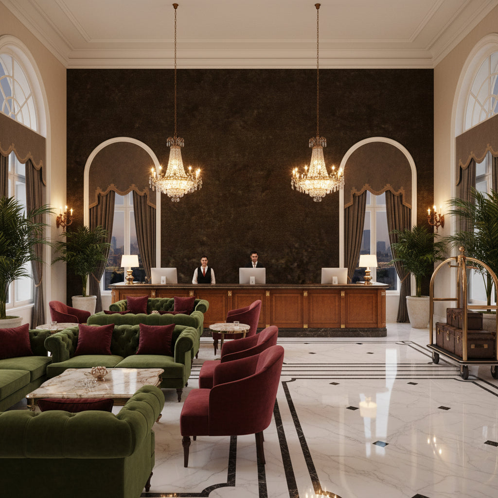 BF10658.850.0 | Kravet - Hotel Lobby Visualization (AI-generated, may not be to scale. Verify pattern scale with product specifications.)
