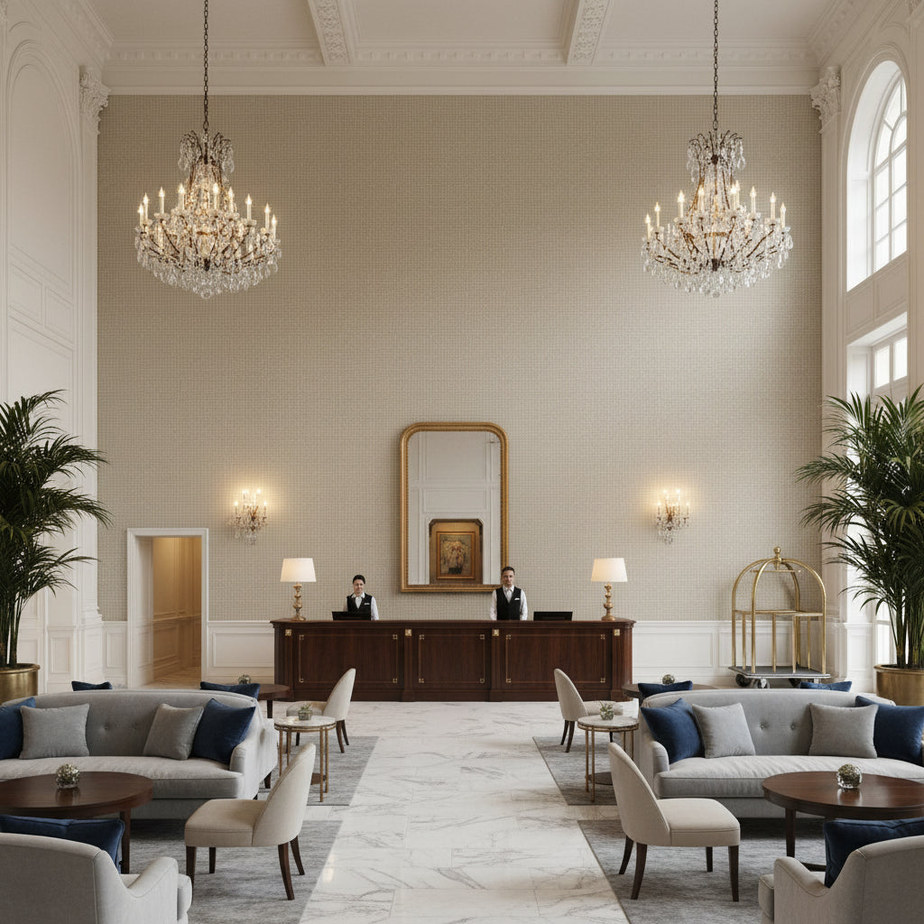 BF10681.915.0 | Kravet - Hotel Lobby Visualization (AI-generated, may not be to scale. Verify pattern scale with product specifications.)