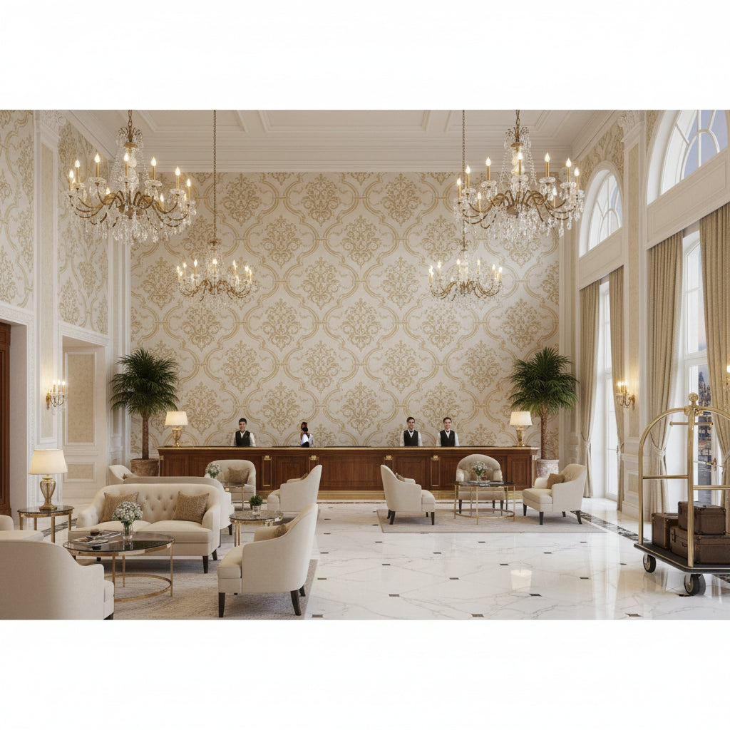 BF10684.104.0 | Kravet - Hotel Lobby Visualization (AI-generated, may not be to scale. Verify pattern scale with product specifications.)