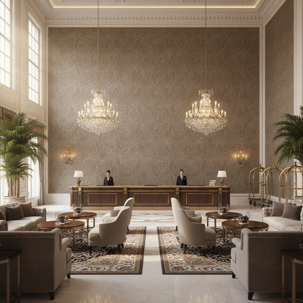 BF10700.285.0 | Kravet - Hotel Lobby Visualization (AI-generated, may not be to scale. Verify pattern scale with product specifications.)