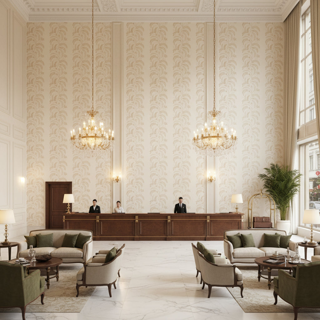 BF10779.1.0 | Kravet - Hotel Lobby Visualization (AI-generated, may not be to scale. Verify pattern scale with product specifications.)