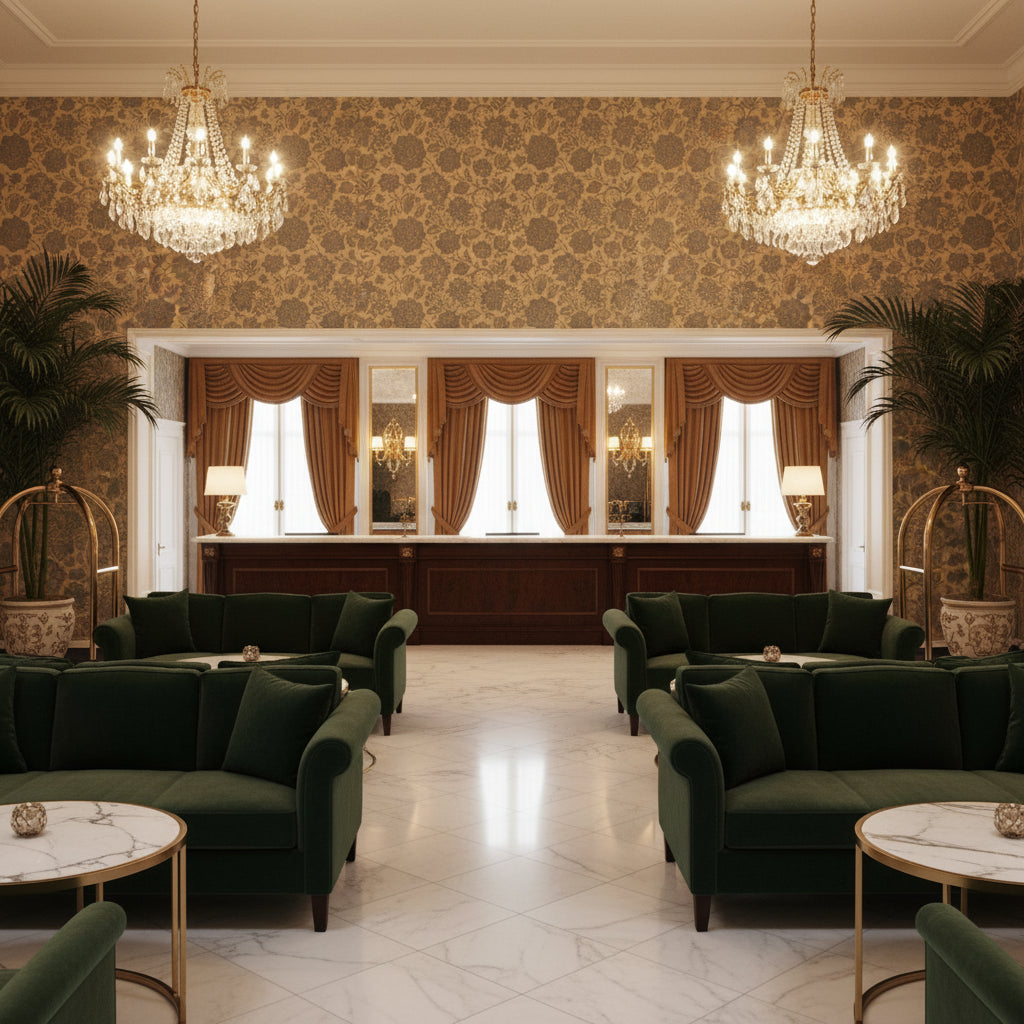 BF10918.1.0 | Kravet - Hotel Lobby Visualization (AI-generated, may not be to scale. Verify pattern scale with product specifications.)