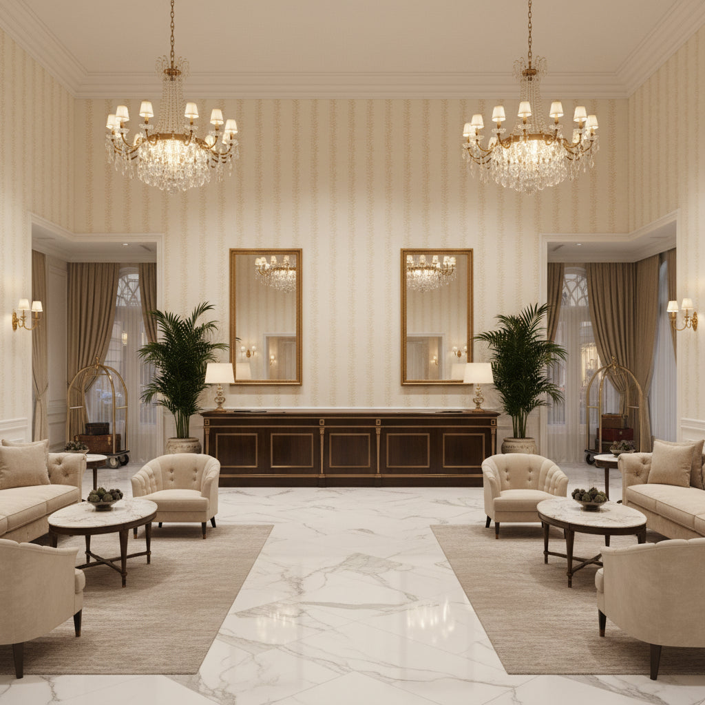 BF10946.104.0 | Kravet - Hotel Lobby Visualization (AI-generated, may not be to scale. Verify pattern scale with product specifications.)