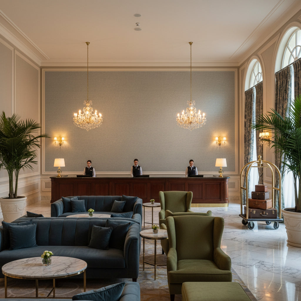 BF10956.615.0 | Kravet - Hotel Lobby Visualization (AI-generated, may not be to scale. Verify pattern scale with product specifications.)