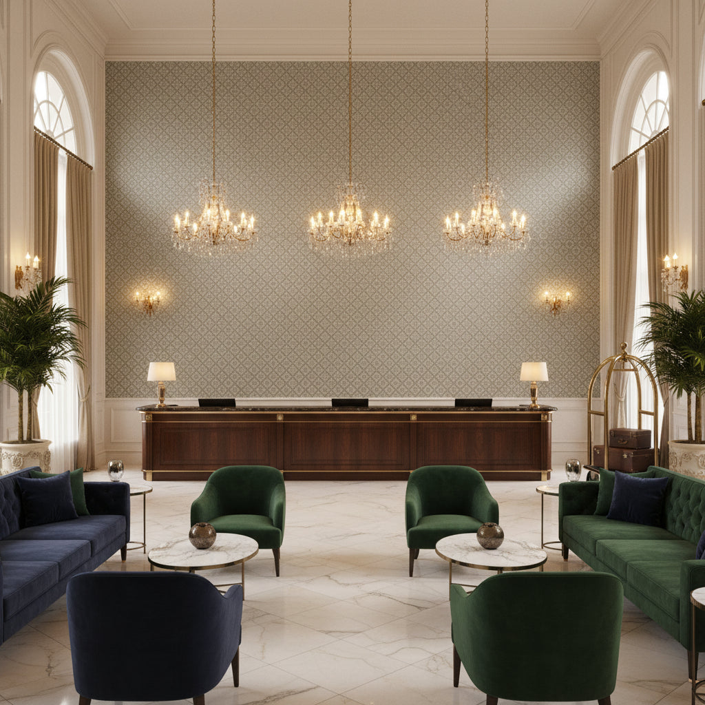 BF10959.615.0 | Kravet - Hotel Lobby Visualization (AI-generated, may not be to scale. Verify pattern scale with product specifications.)