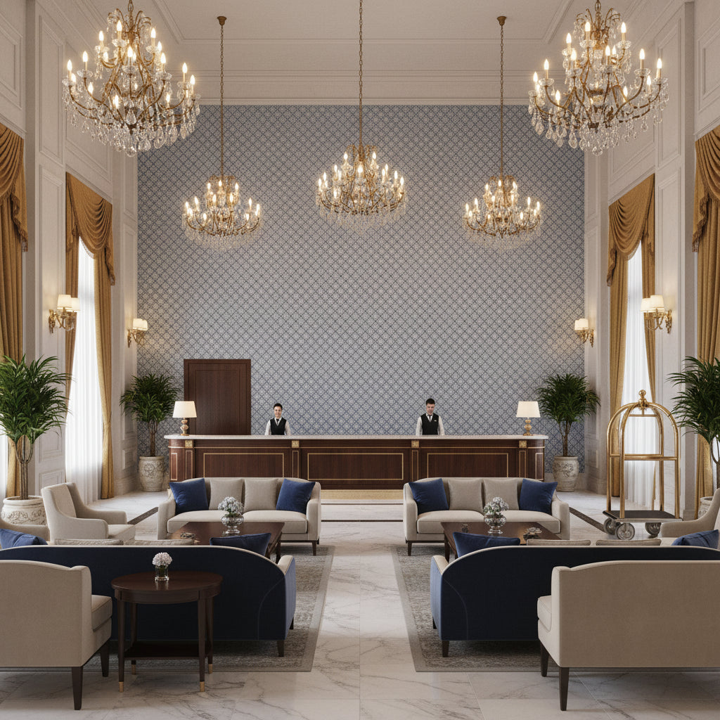 BF10959.660.0 | Kravet - Hotel Lobby Visualization (AI-generated, may not be to scale. Verify pattern scale with product specifications.)
