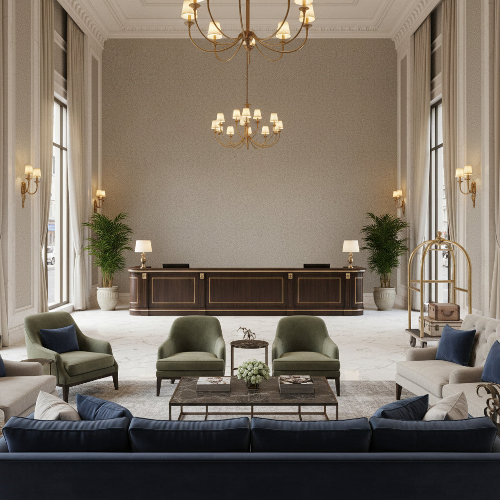 BF10965.910.0 | Kravet - Hotel Lobby Visualization (AI-generated, may not be to scale. Verify pattern scale with product specifications.)