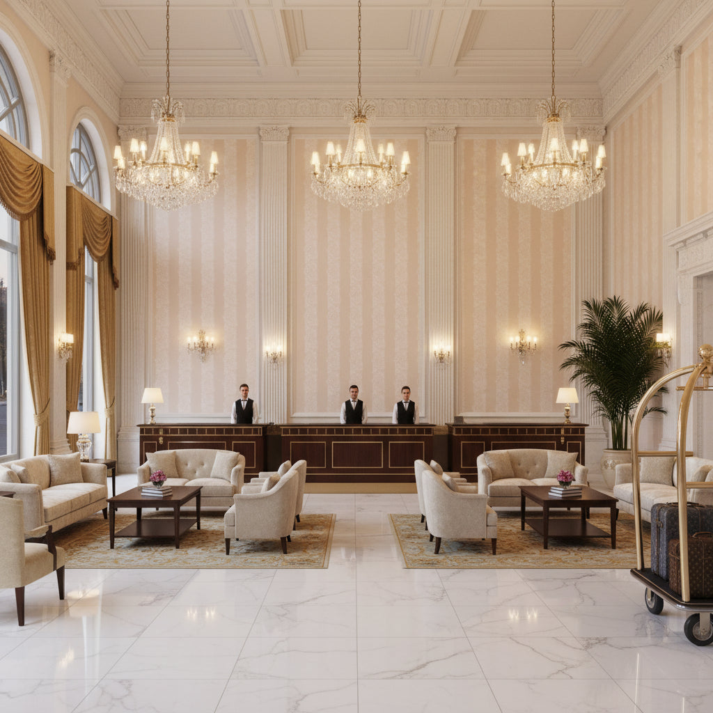 BF11023.104.0 | Kravet - Hotel Lobby Visualization (AI-generated, may not be to scale. Verify pattern scale with product specifications.)