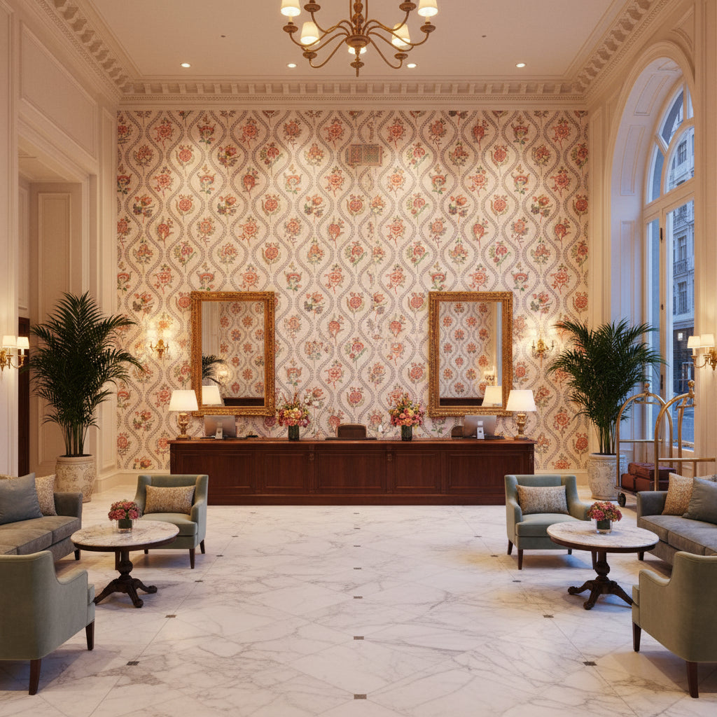 BF11025.1.0 | Kravet - Hotel Lobby Visualization (AI-generated, may not be to scale. Verify pattern scale with product specifications.)