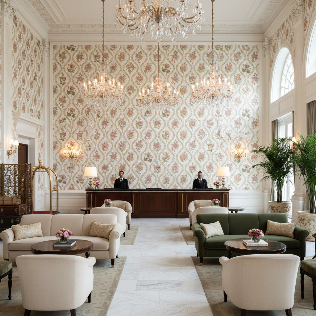 BF11025.4.0 | Kravet - Hotel Lobby Visualization (AI-generated, may not be to scale. Verify pattern scale with product specifications.)