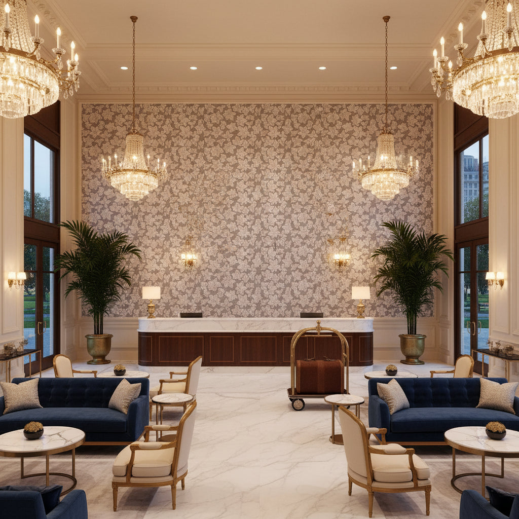 BF11027.640.0 | Kravet - Hotel Lobby Visualization (AI-generated, may not be to scale. Verify pattern scale with product specifications.)