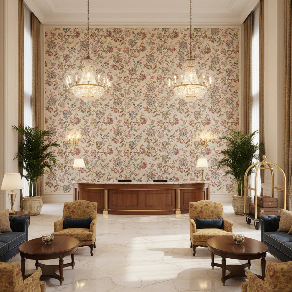 BF11028.1.0 | Kravet - Hotel Lobby Visualization (AI-generated, may not be to scale. Verify pattern scale with product specifications.)