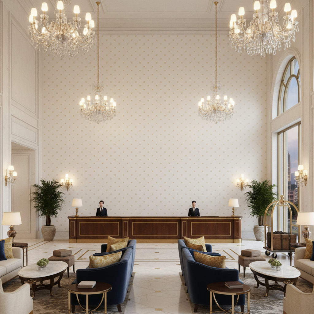 BF11030.104.0 | Kravet - Hotel Lobby Visualization (AI-generated, may not be to scale. Verify pattern scale with product specifications.)