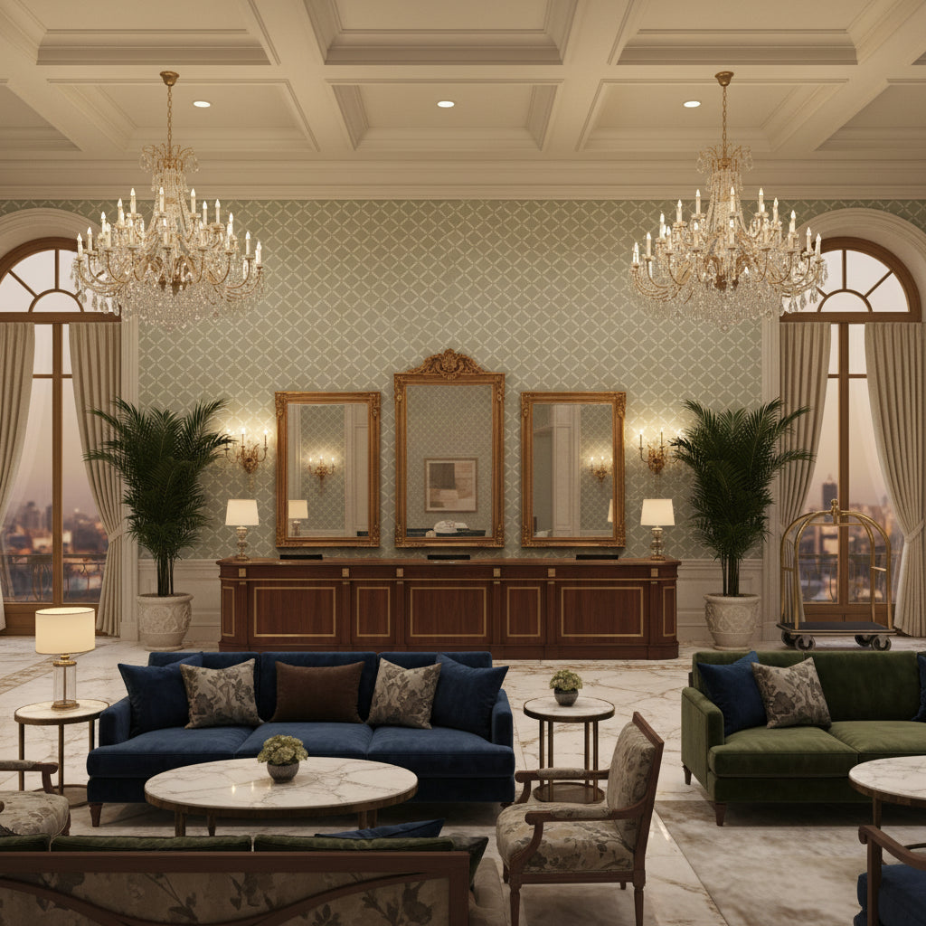BF11030.725.0 | Kravet - Hotel Lobby Visualization (AI-generated, may not be to scale. Verify pattern scale with product specifications.)