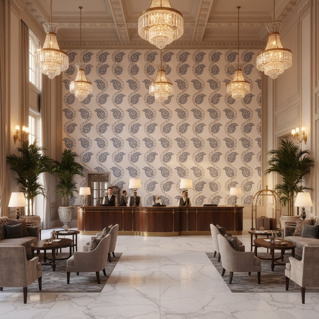 BF11031.1.0 | Kravet - Hotel Lobby Visualization (AI-generated, may not be to scale. Verify pattern scale with product specifications.)