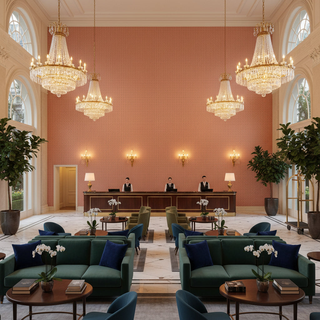 BF11035.1.0 | Kravet - Hotel Lobby Visualization (AI-generated, may not be to scale. Verify pattern scale with product specifications.)