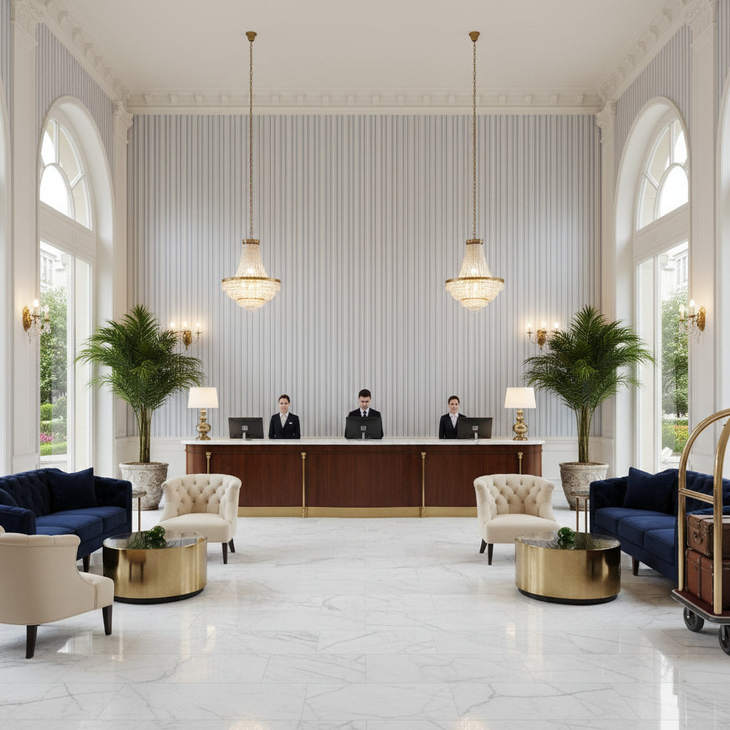 BF11037.605.0 | Kravet - Hotel Lobby Visualization (AI-generated, may not be to scale. Verify pattern scale with product specifications.)
