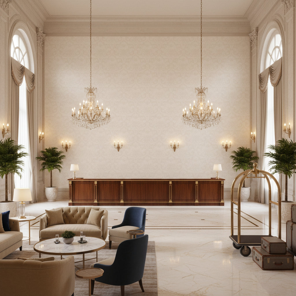 BF11066.225.0 | Kravet - Hotel Lobby Visualization (AI-generated, may not be to scale. Verify pattern scale with product specifications.)