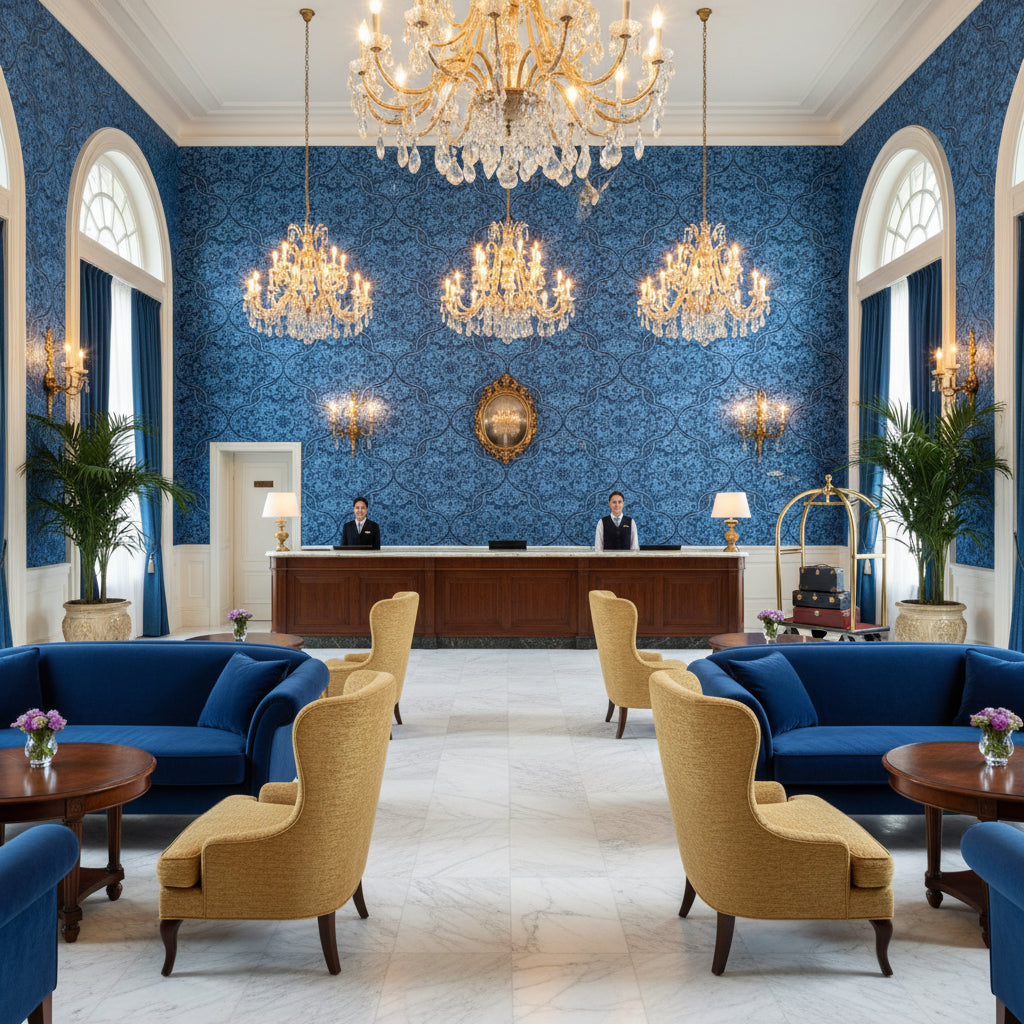 BF11066.602.0 | Kravet - Hotel Lobby Visualization (AI-generated, may not be to scale. Verify pattern scale with product specifications.)