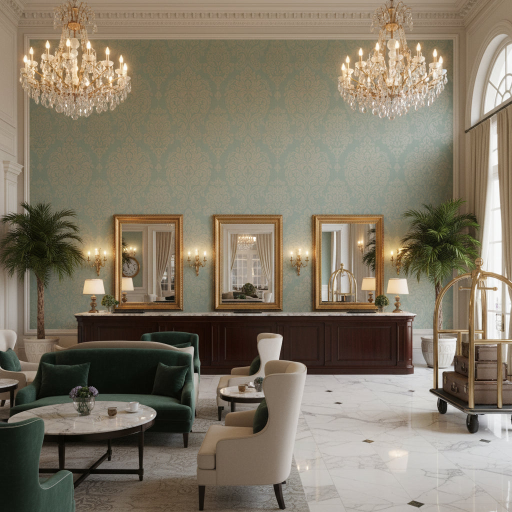 BF11066.615.0 | Kravet - Hotel Lobby Visualization (AI-generated, may not be to scale. Verify pattern scale with product specifications.)