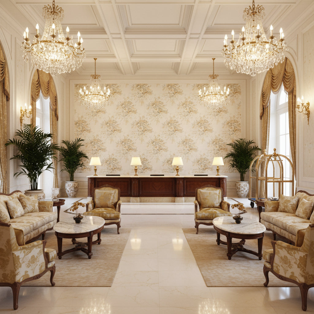 BFC-3506.16.0 | Kravet - Hotel Lobby Visualization (AI-generated, may not be to scale. Verify pattern scale with product specifications.)