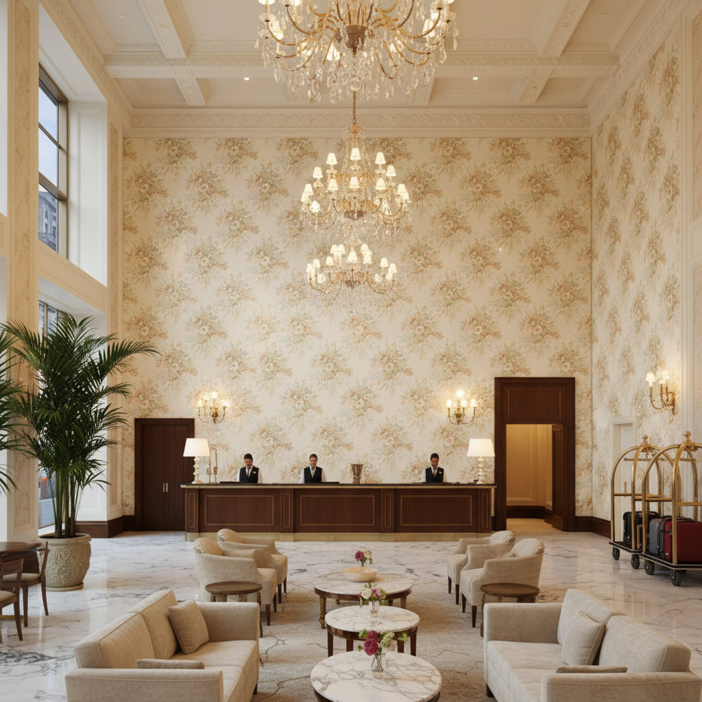 BFC-3506.713.0 | Kravet - Hotel Lobby Visualization (AI-generated, may not be to scale. Verify pattern scale with product specifications.)