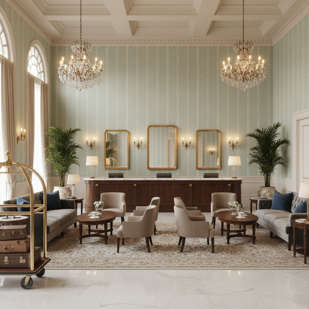 BFC-3507.13.0 | Kravet - Hotel Lobby Visualization (AI-generated, may not be to scale. Verify pattern scale with product specifications.)