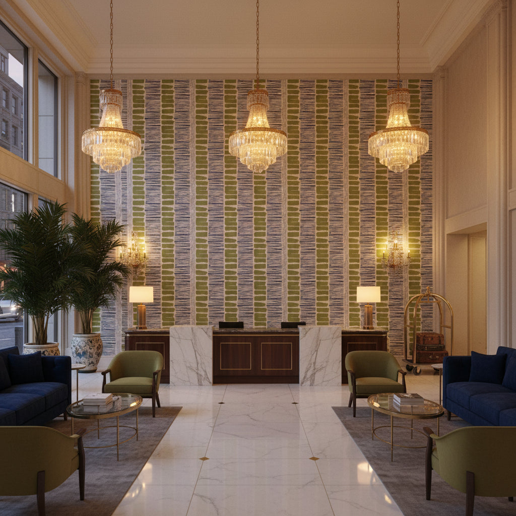 BFC-3624.235.0 | Kravet - Hotel Lobby Visualization (AI-generated, may not be to scale. Verify pattern scale with product specifications.)